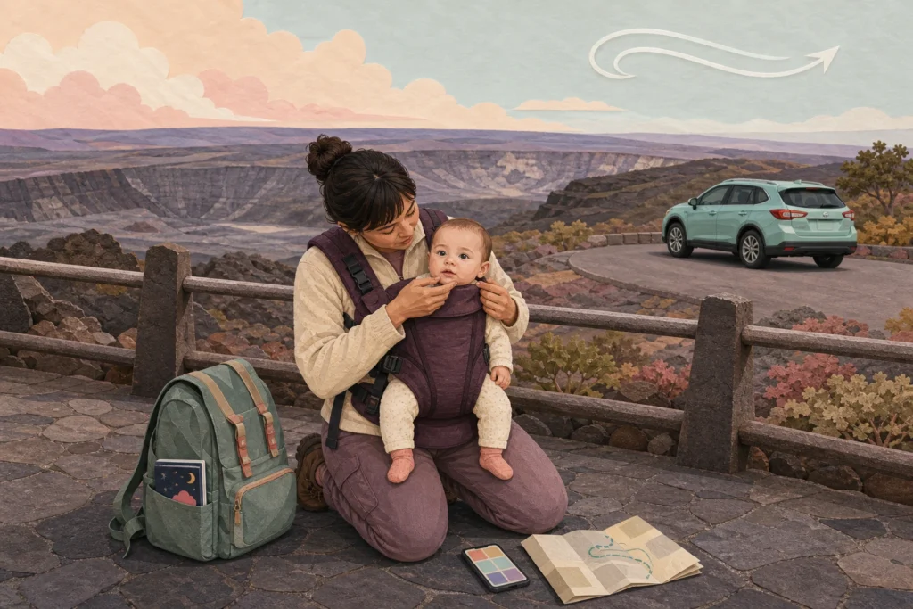 Caregiver checks an awake baby's visible face at a maintained volcanic overlook, with an unlabeled park plan and exit-ready car nearby.