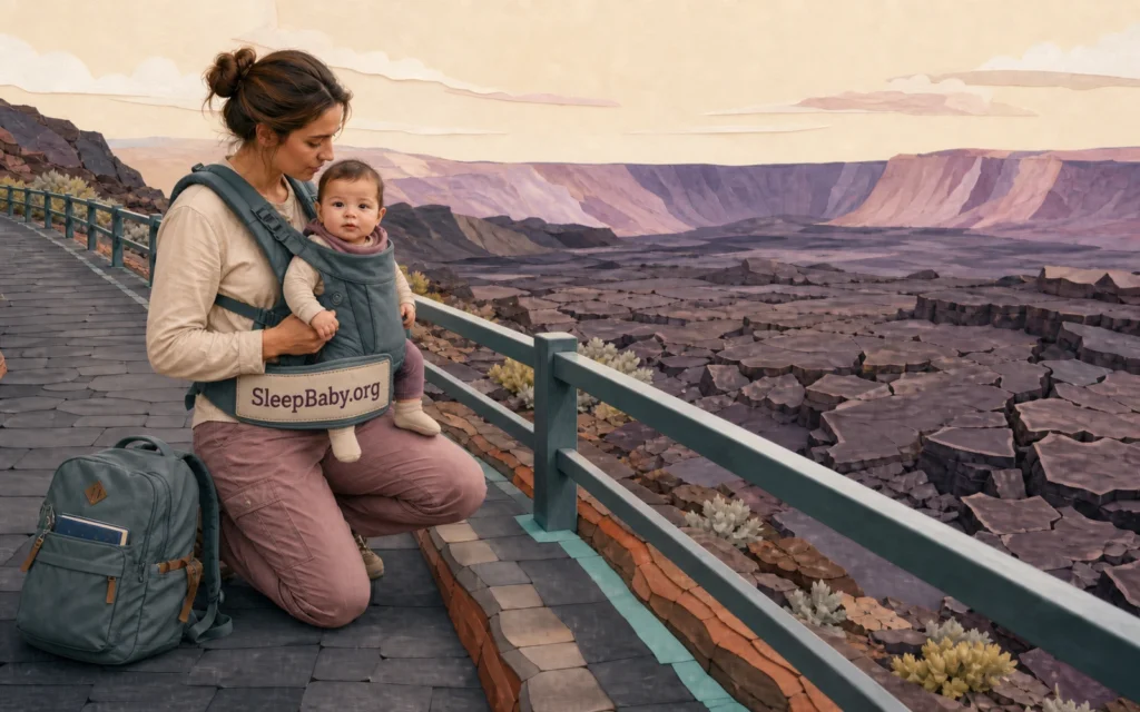 Caregiver with an awake baby stays on a maintained volcanic path behind a rail, with fractured lava rock beyond.