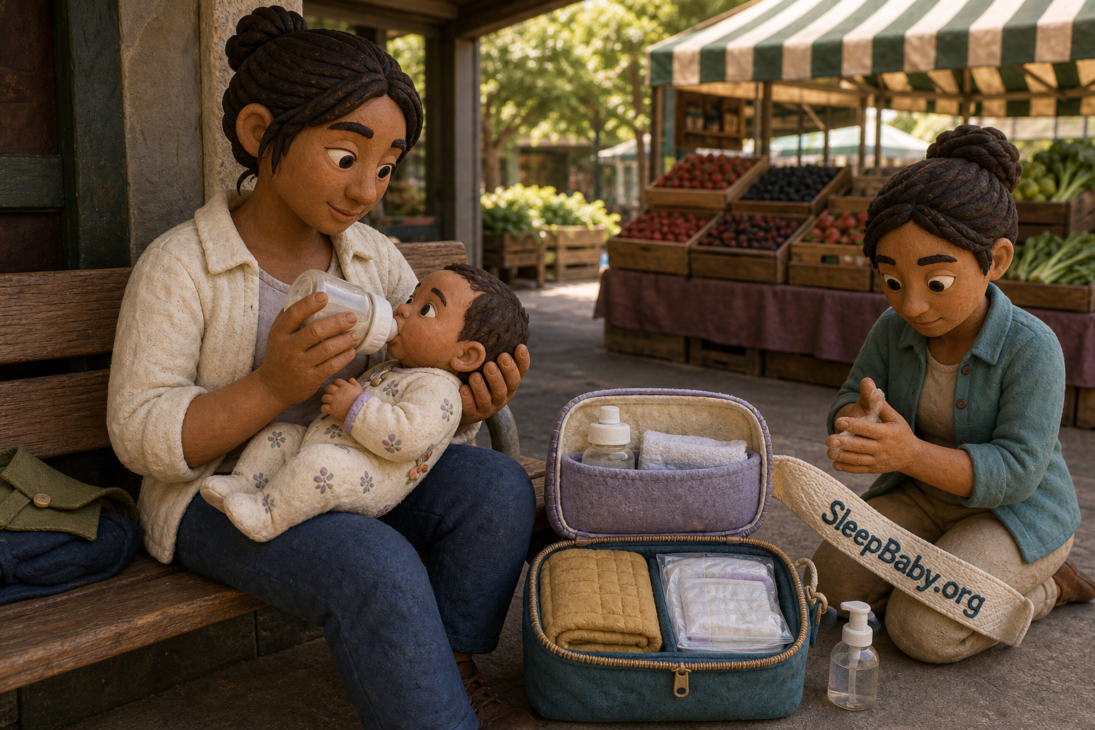 At a shaded market-edge bench, one caregiver feeds an awake supported newborn while another opens separate clean feeding and sealed diaper pouches.