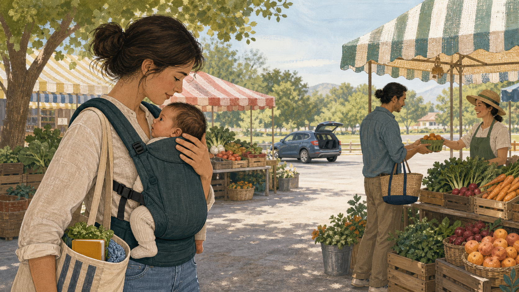 Caregiver checks an awake newborn in an inward-facing carrier at the shaded edge of an open-air farmers market while another makes one produce stop and the exit stays visible.
