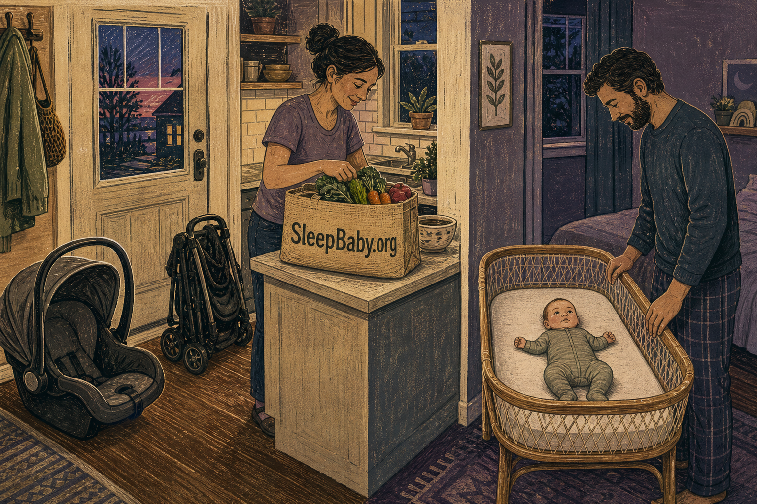 At home after the market, empty travel gear rests by the door while one adult unpacks produce and another stands beside an awake newborn on their back in a bare bassinet.