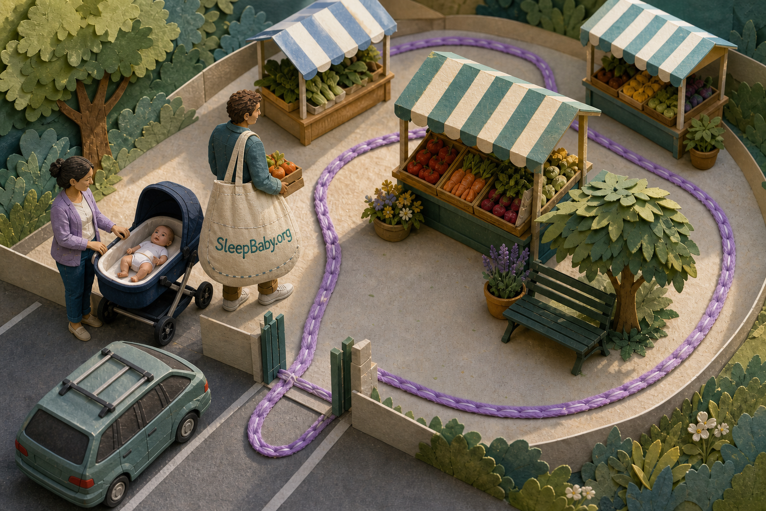 Paper-crafted overhead market route loops from a close parked car past one produce stall and a shaded bench, then returns to the same exit beside a supervised awake newborn.