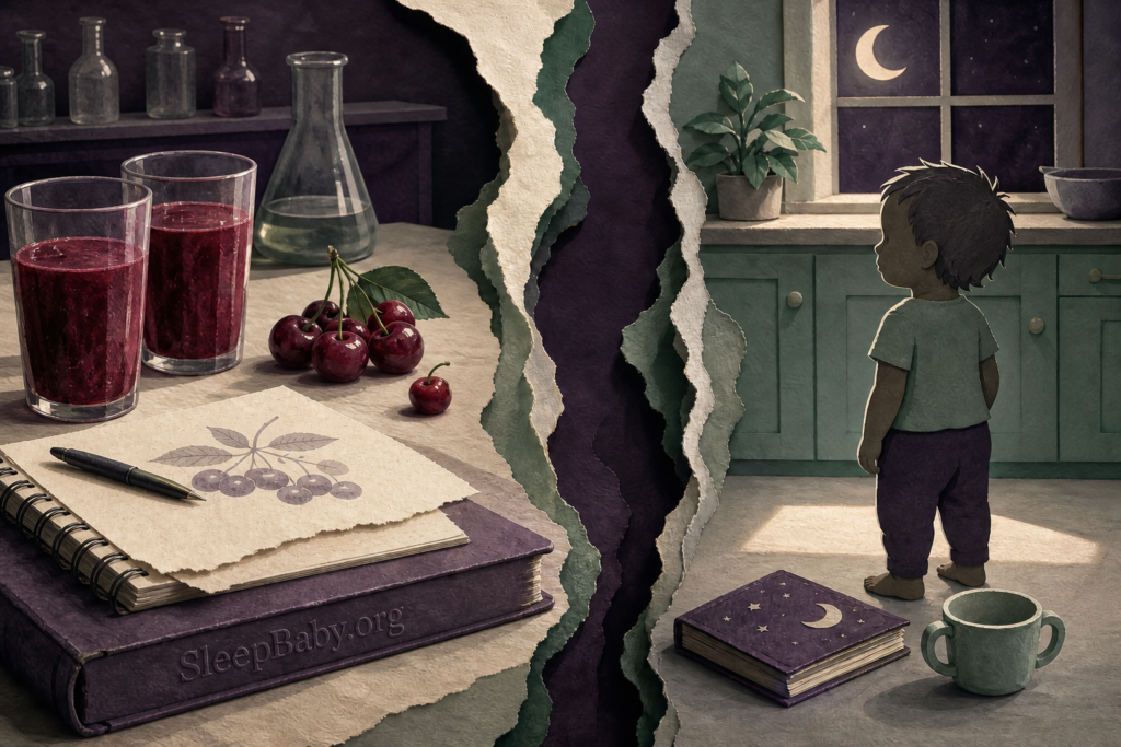 Layered editorial scene with adult tart-cherry research on one side, an open paper gap in the middle, and an awake toddler beside an empty cup and bedtime book on the other