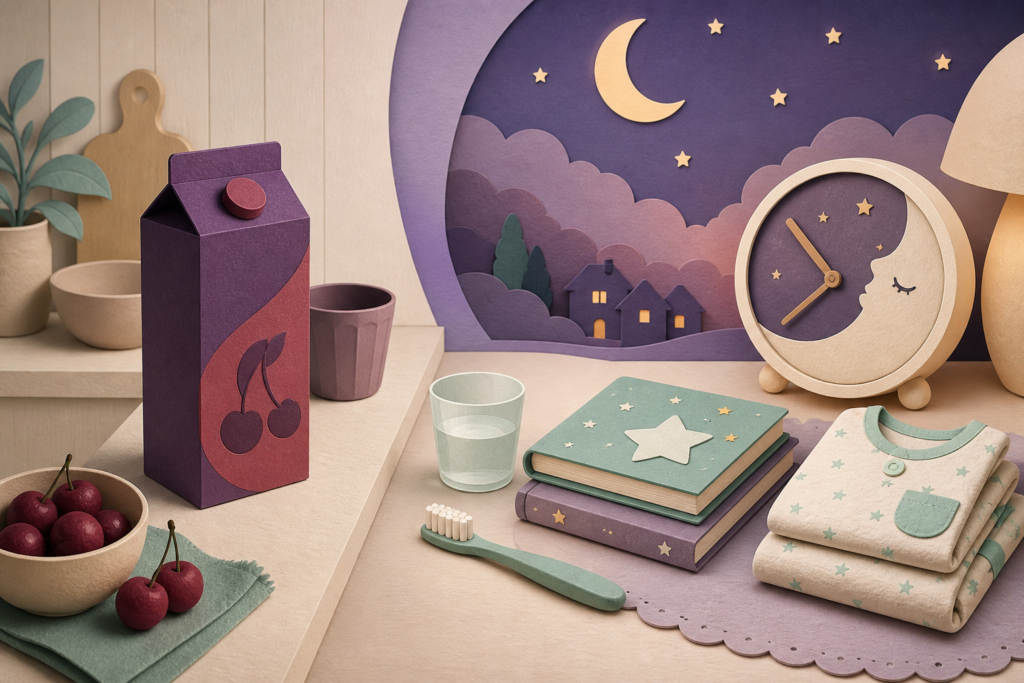 Closed tart-cherry carton and small cup beside a toothbrush, water cup, bedtime books, folded pajamas, and moon clock