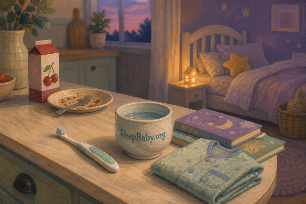 Warm evening transition from a closed cherry carton and finished meal to a toothbrush, open water cup, bedtime books, folded pajamas, and a drink-free bed