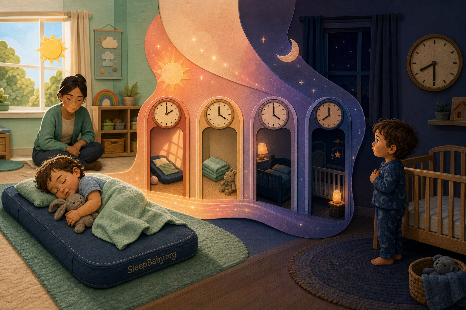 A daylight-to-lamplight scene shows how a toddler nap connects to bedtime sleep pressure