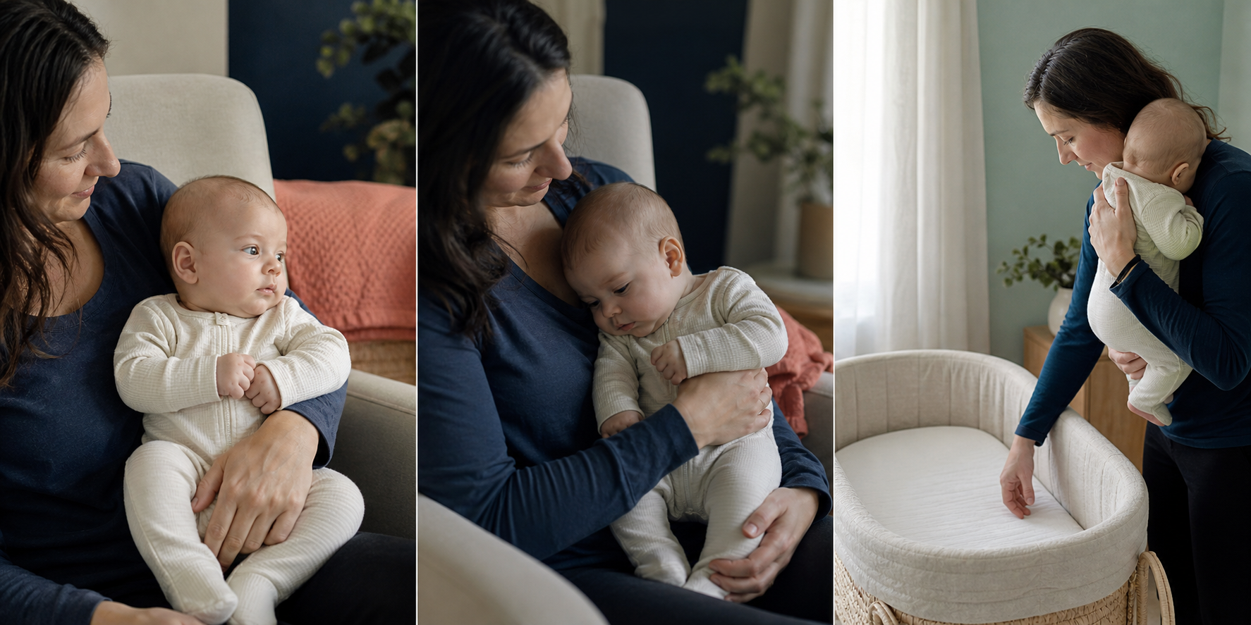 Three-part teaching scene of a baby turning away, relaxing, and approaching an empty bassinet