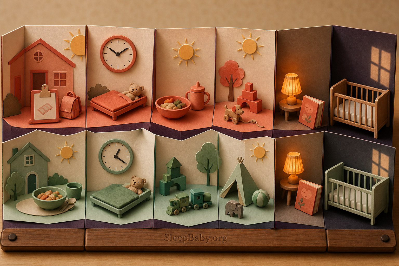 Parallel coral and mint day routes use different nap clocks but finish with a lamp, book, and empty crib.