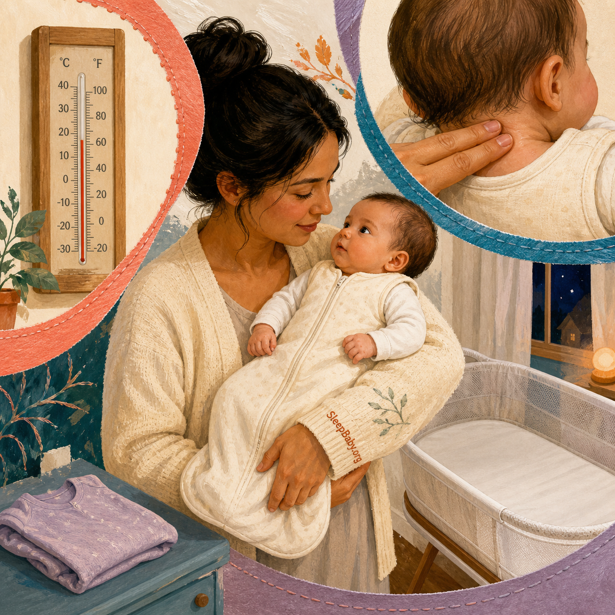 Layered collage of a caregiver holding an awake baby in a fitted sleep sack, checking the back of the neck beside a room thermometer and empty bassinet.