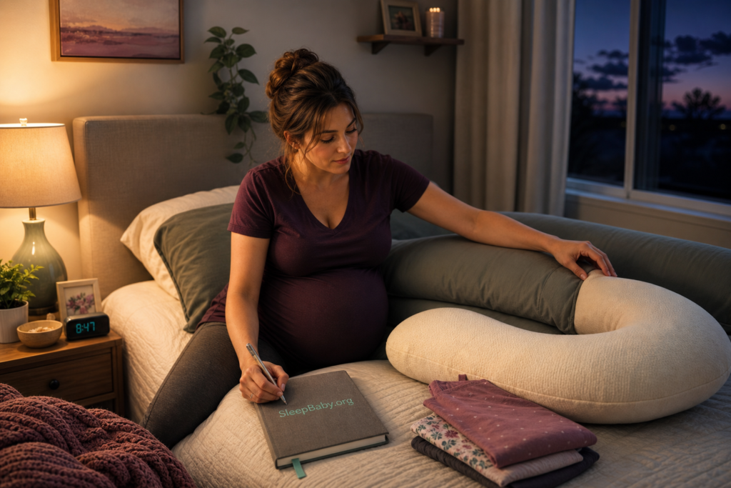 A third-trimester adult records a symptom beside support pillows at bedtime.