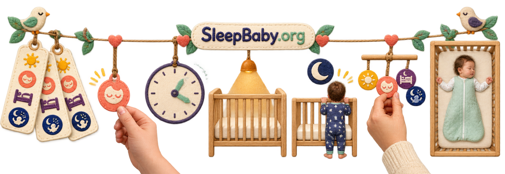 Teaching ribbon with three sleep-day cards, one selected nap marker, a shifted clock, bare cribs, and a back-sleeping toddler
