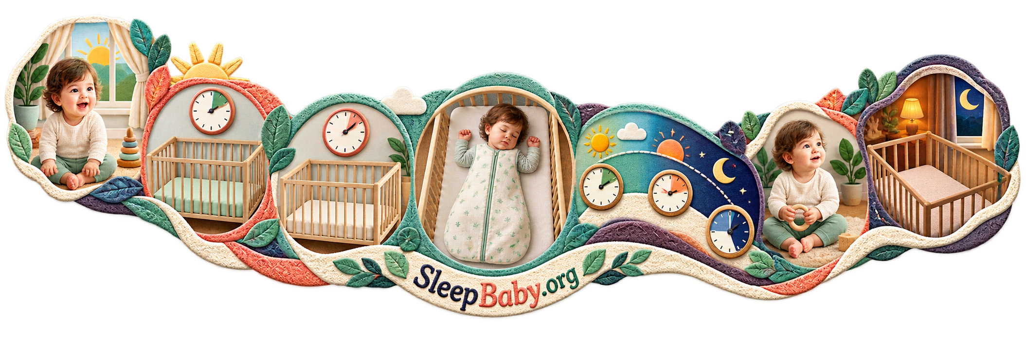 Teaching ribbon showing a 13-month-old's morning, two short nap options, one midday nap, day-night clocks, and bare bedtime crib