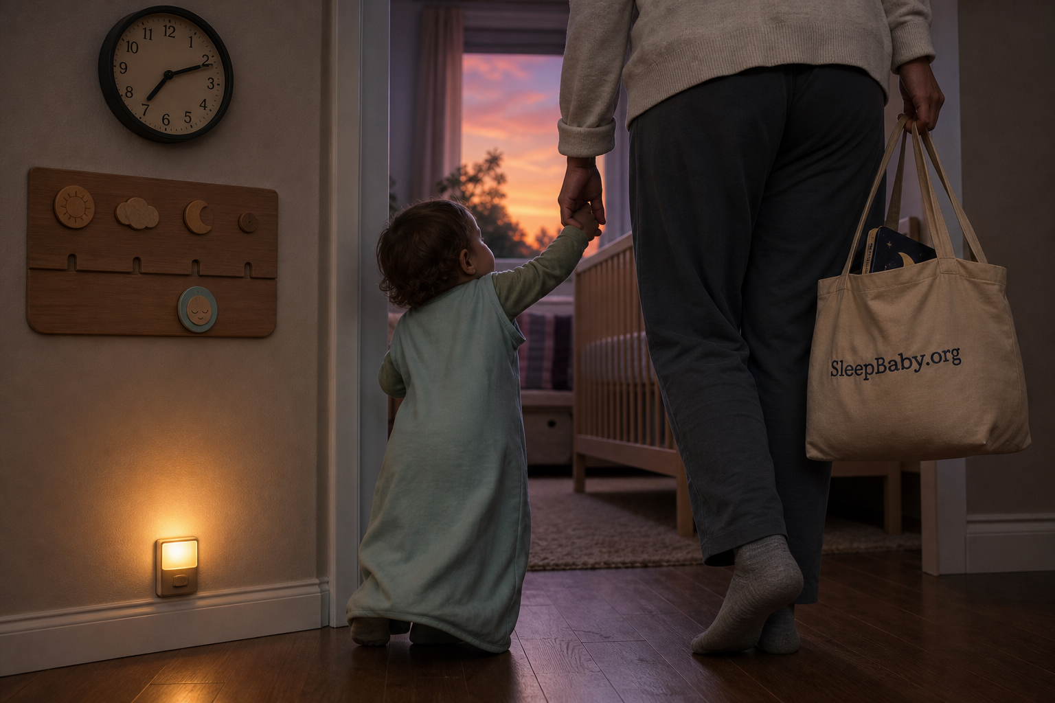 Tired 13-month-old in a sleep sack walks with a caregiver toward a bare crib at early bedtime