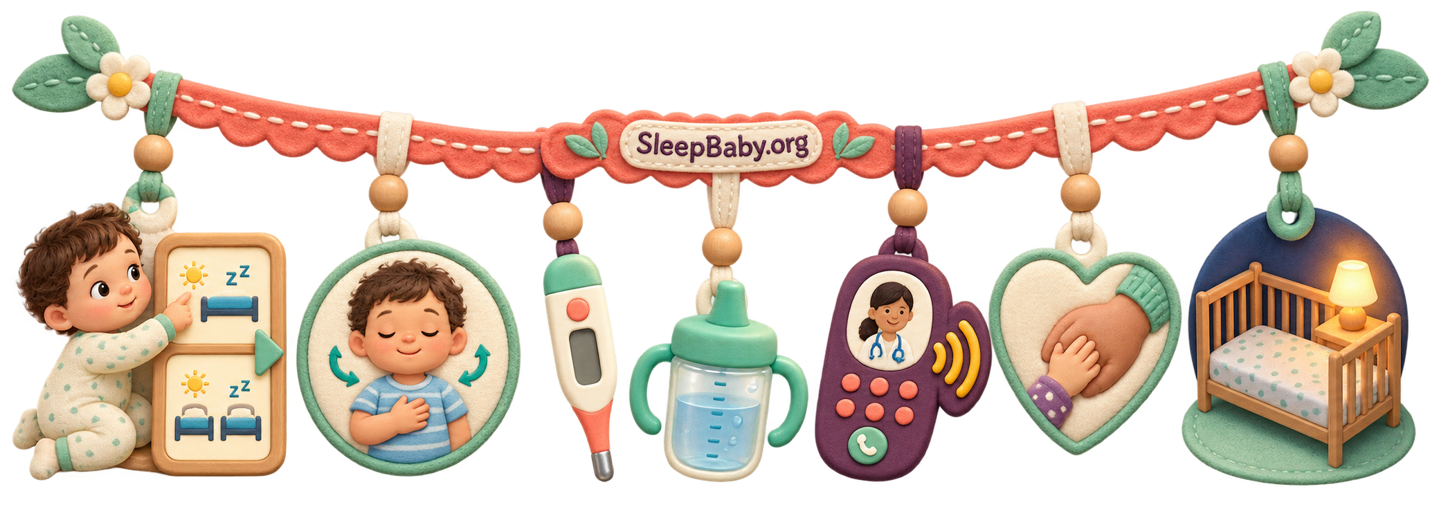 Teaching ribbon linking a toddler schedule board with breathing, temperature, hydration, pediatric phone, comfort, and a bare crib