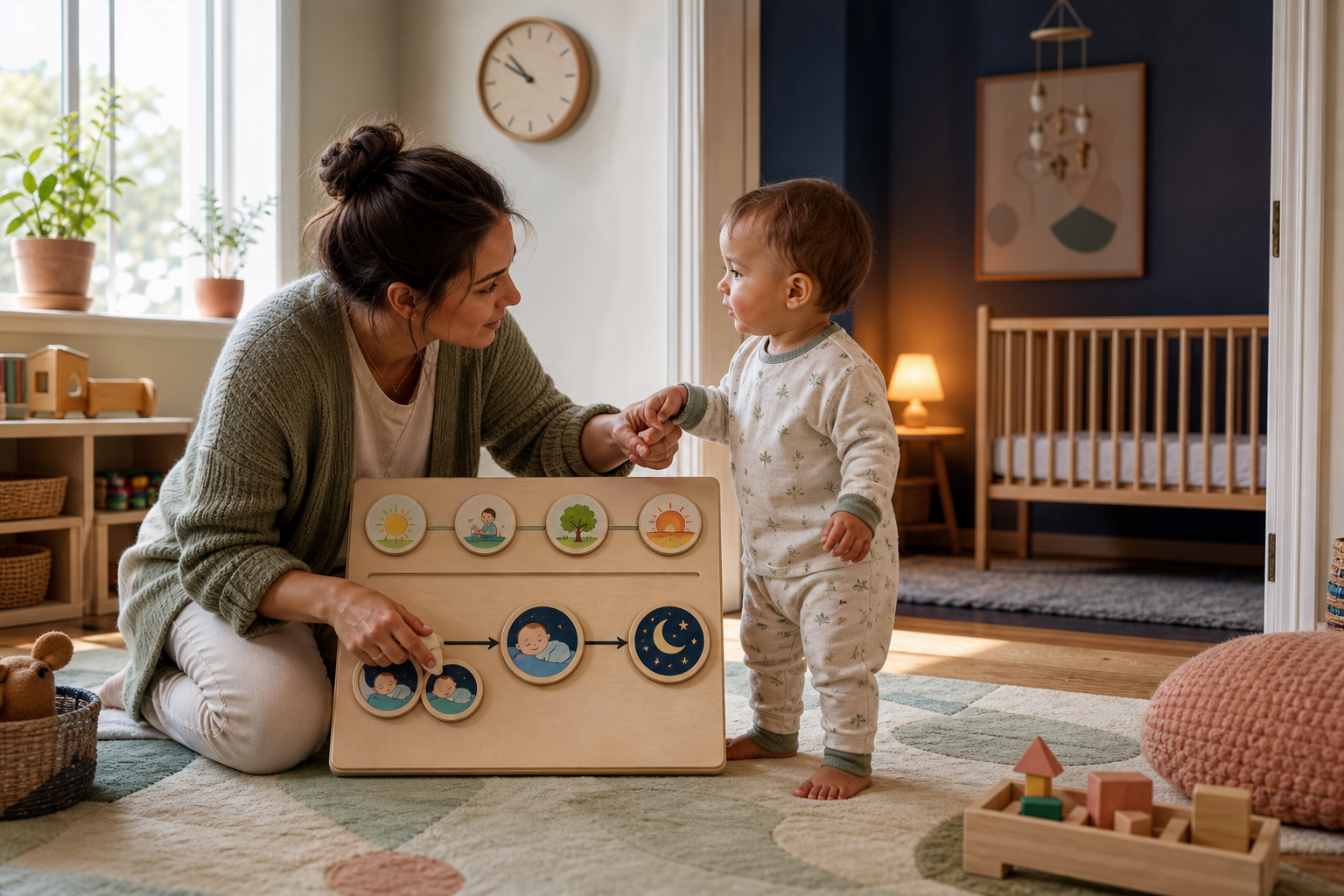 Caregiver and 13-month-old comparing two-nap and one-nap markers beside a safe empty crib