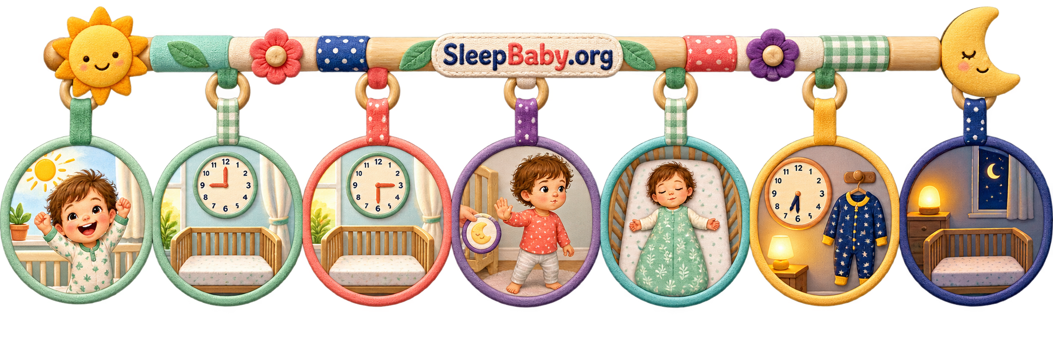 Teaching ribbon moving from two timed naps through one refused nap to one midday nap, early pajamas, and a bare crib