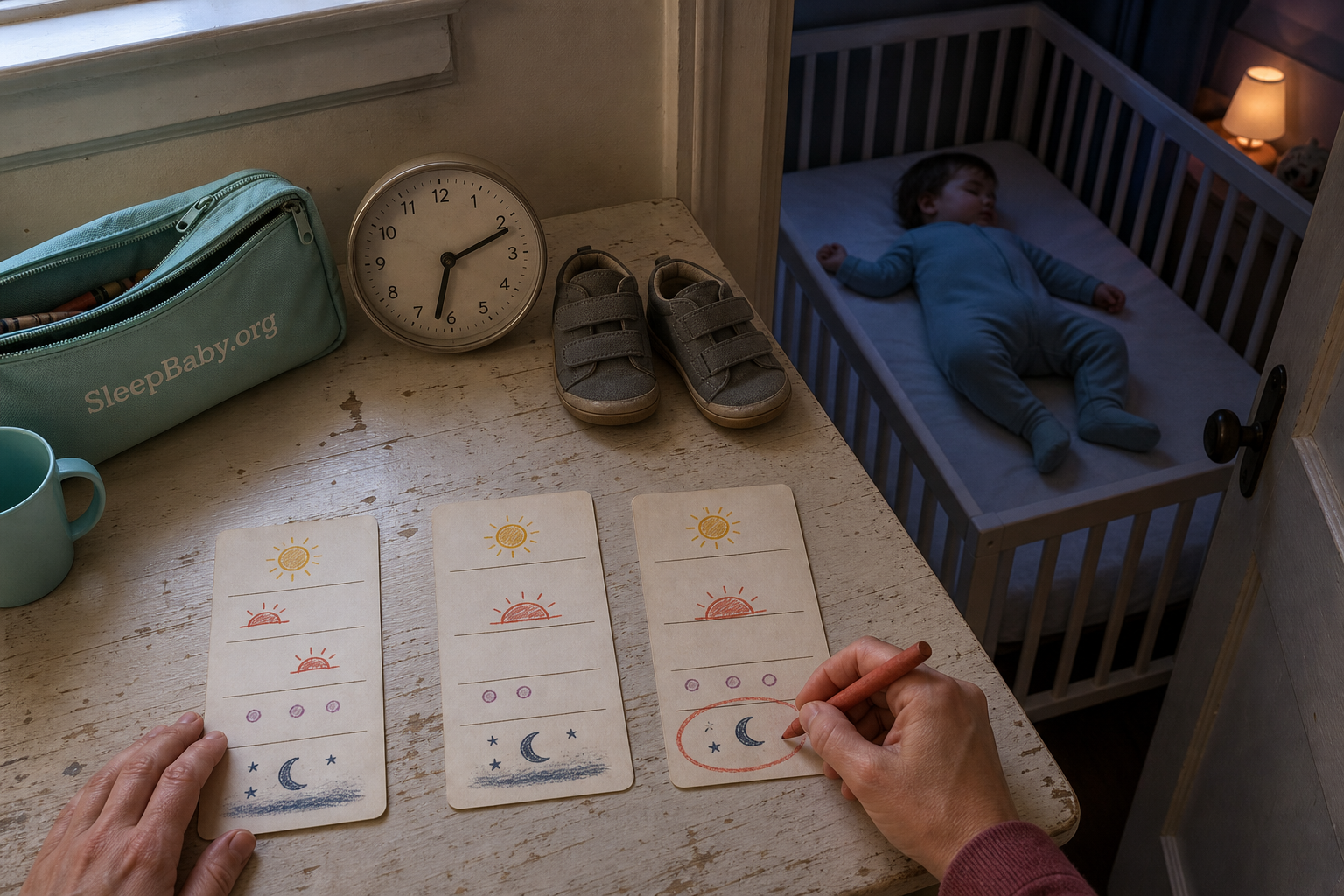 Caregiver circles one change on three sleep-day cards while a 13-month-old sleeps safely in a bare crib