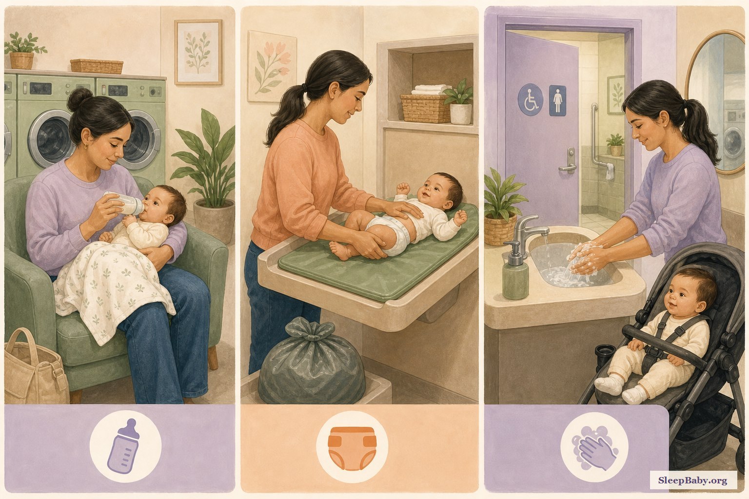 Illustrated panels show feeding away from laundry chemicals, diapering on a designated station, and handwashing while an awake baby waits harnessed in a stroller.