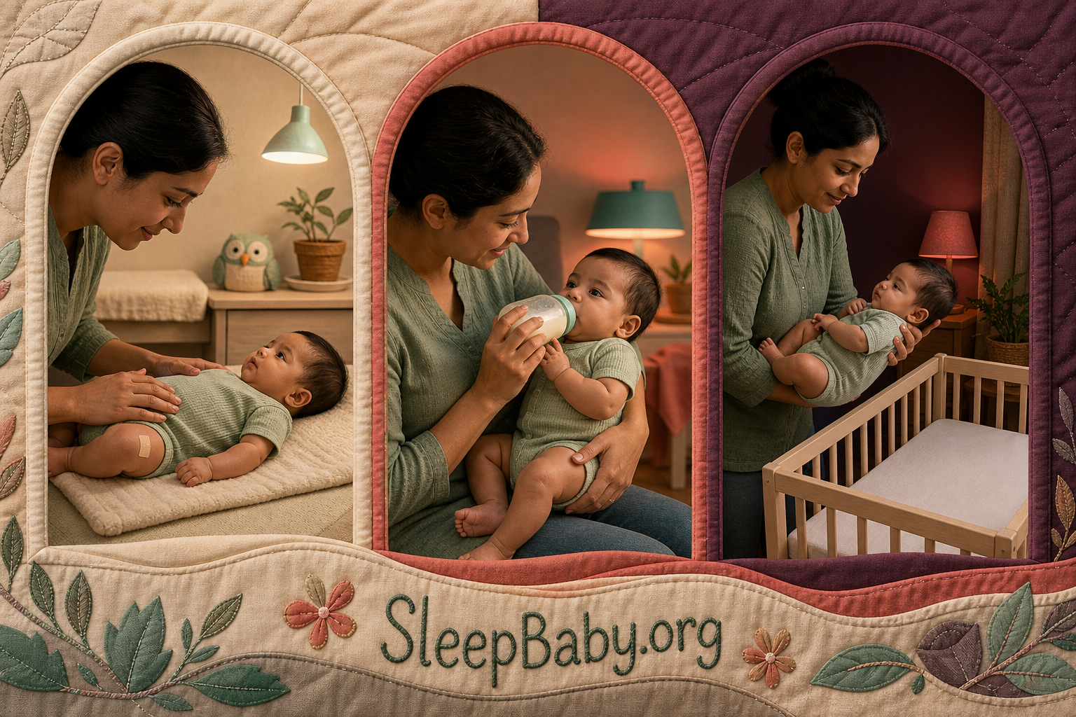 A three-part quilt scene shows the whole-baby look, awake feeding response, and safe return to an empty crib