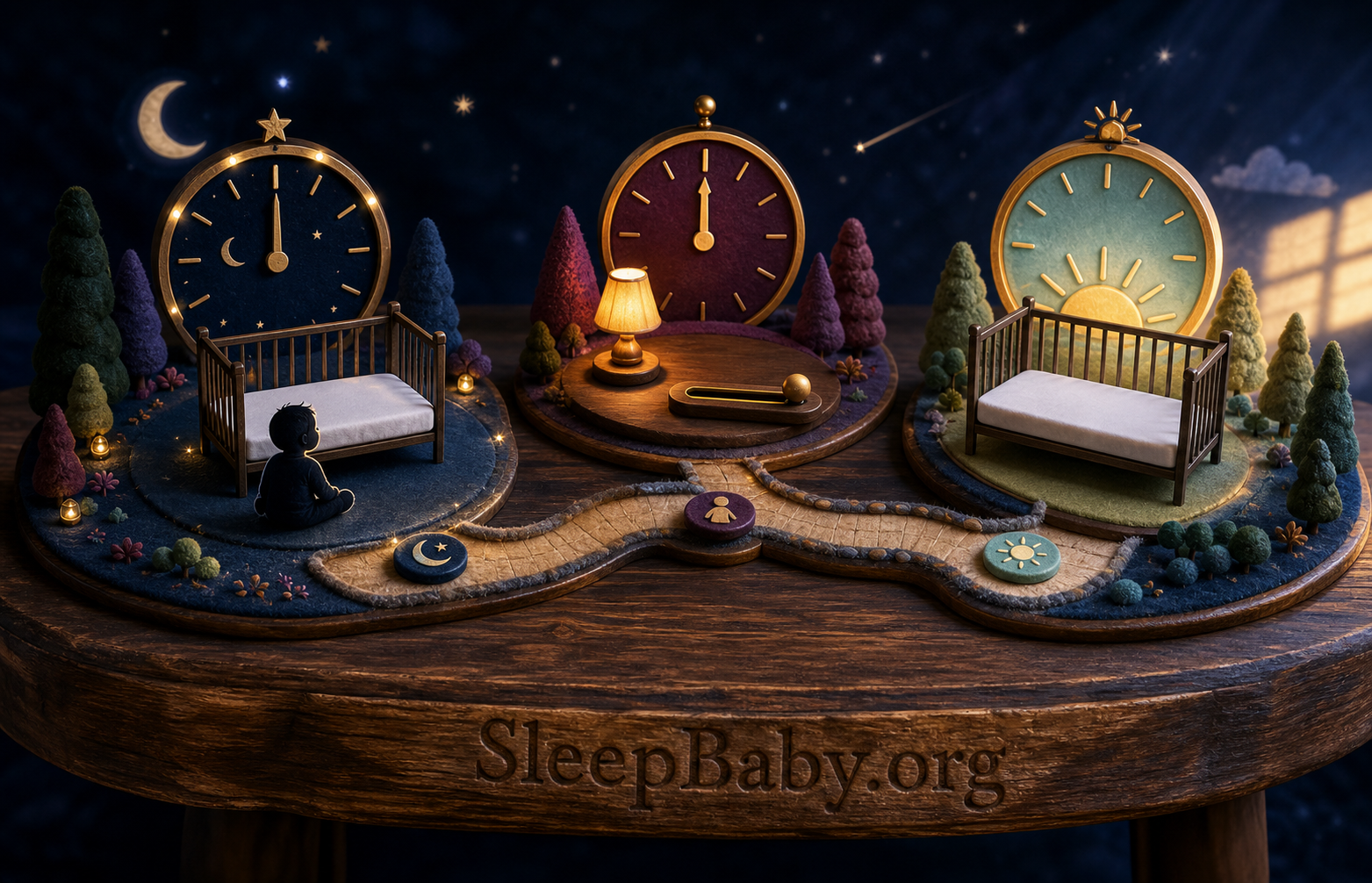 Handcrafted night world with three clock islands an awake baby a single adjustment slider and an empty dawn crib