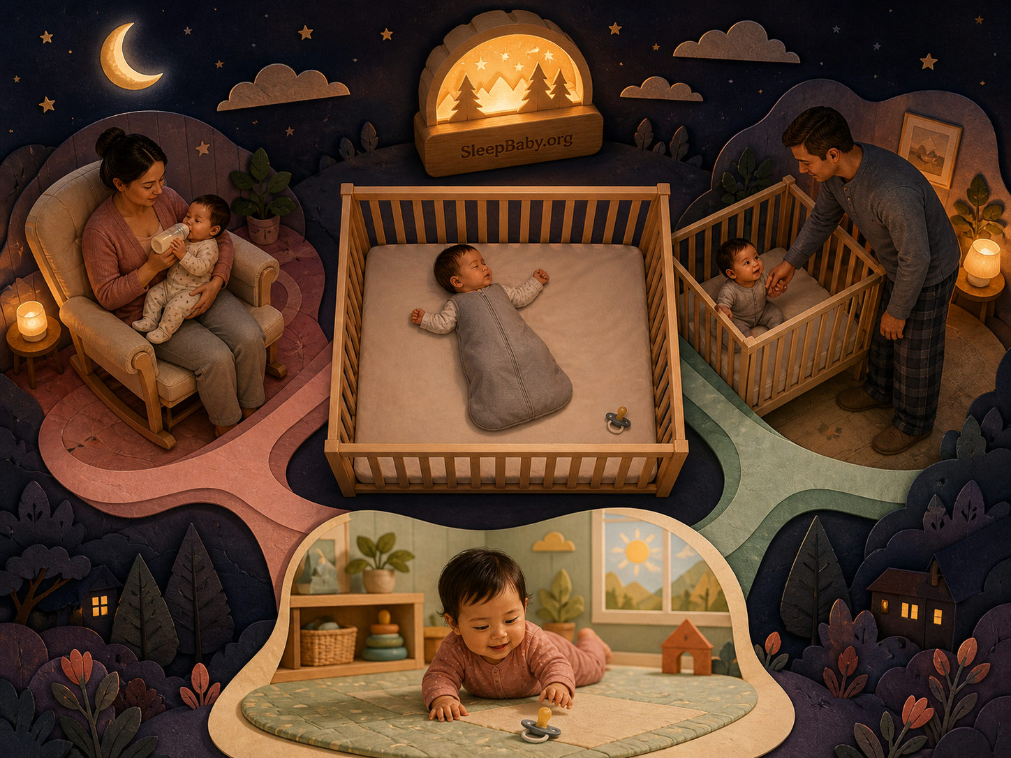 Three-path pacifier response map with feeding, crib-side comfort, and awake floor-play practice.
