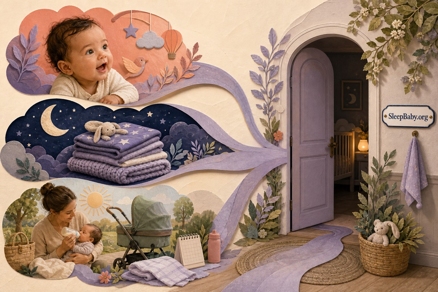 Layered illustration follows paths from an alert baby, recent sleep, and a real family day into one calm nursery doorway marked SleepBaby.org.