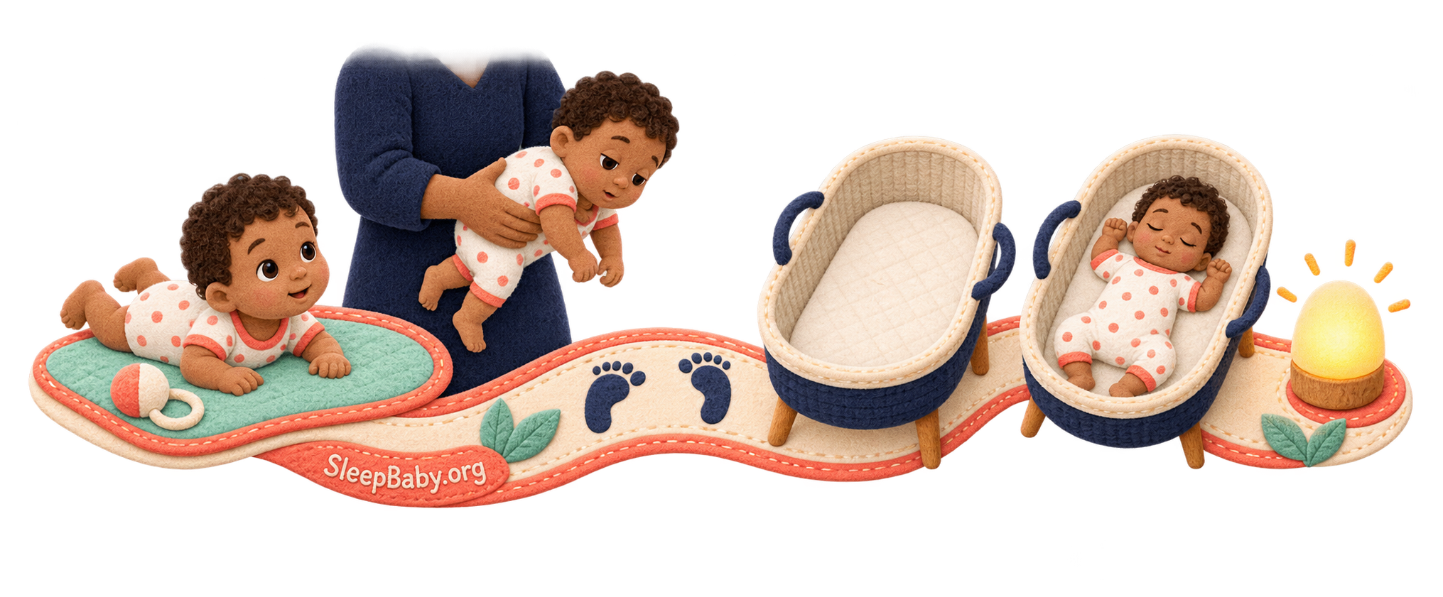 A felt timeline shows an awake baby lifted from tummy time, carried to an empty bassinet, and placed on the back