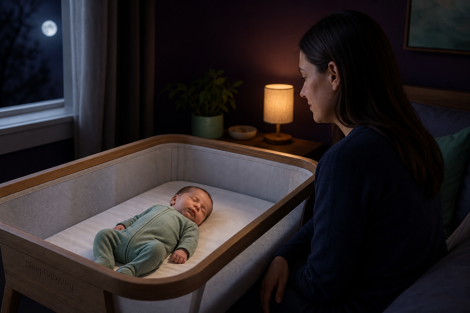 An awake caregiver calmly observes a three-week-old sleeping on the back in an empty bedside bassinet