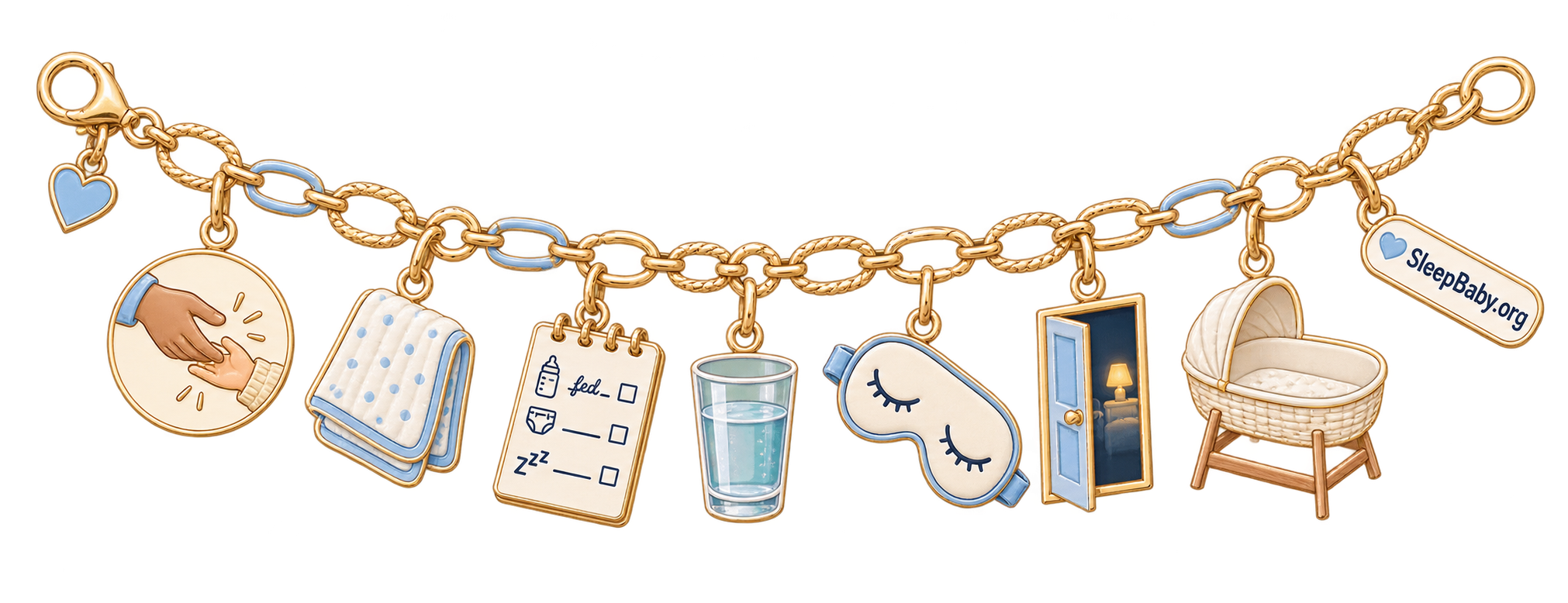 Gold and mint caregiver-handoff ribbon with passing hands, burp cloth, feeding note, water, rest mask, doorway, and safe bassinet