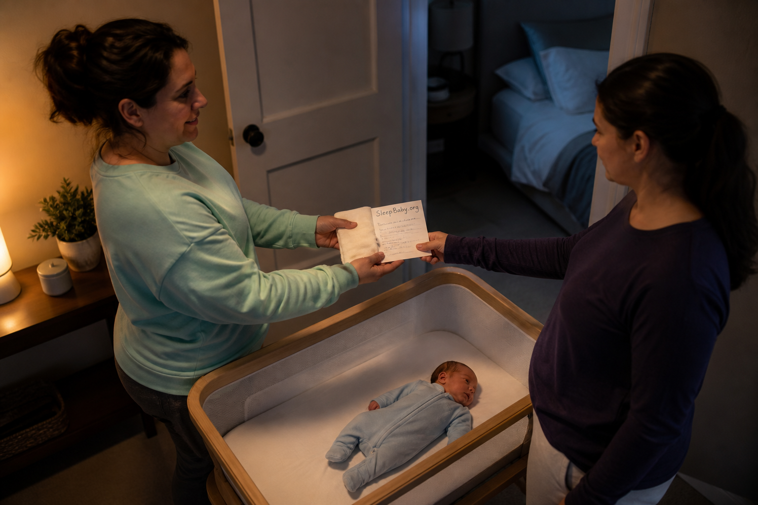Two awake caregivers exchange a burp cloth and feeding note beside a newborn resting safely in an empty bassinet