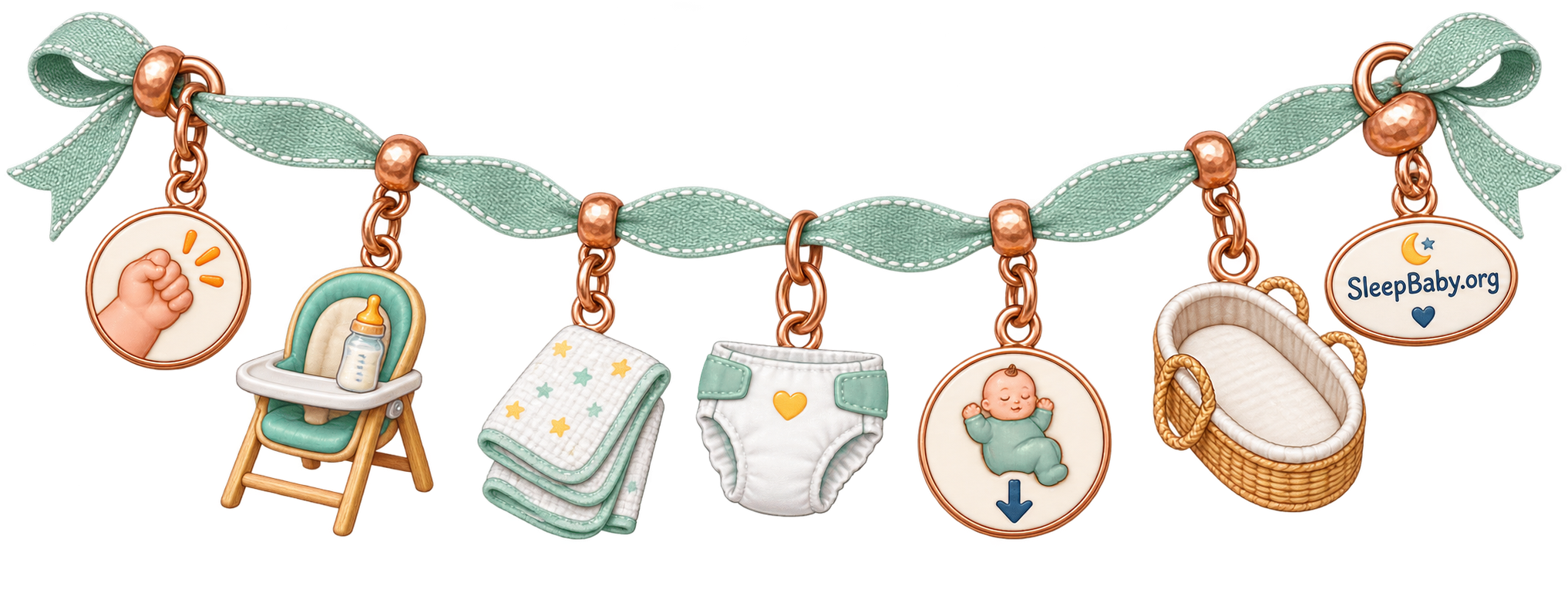 Mint newborn-care ribbon with hunger cue, feeding chair, burp cloth, diaper, back-down hands, and an empty bassinet