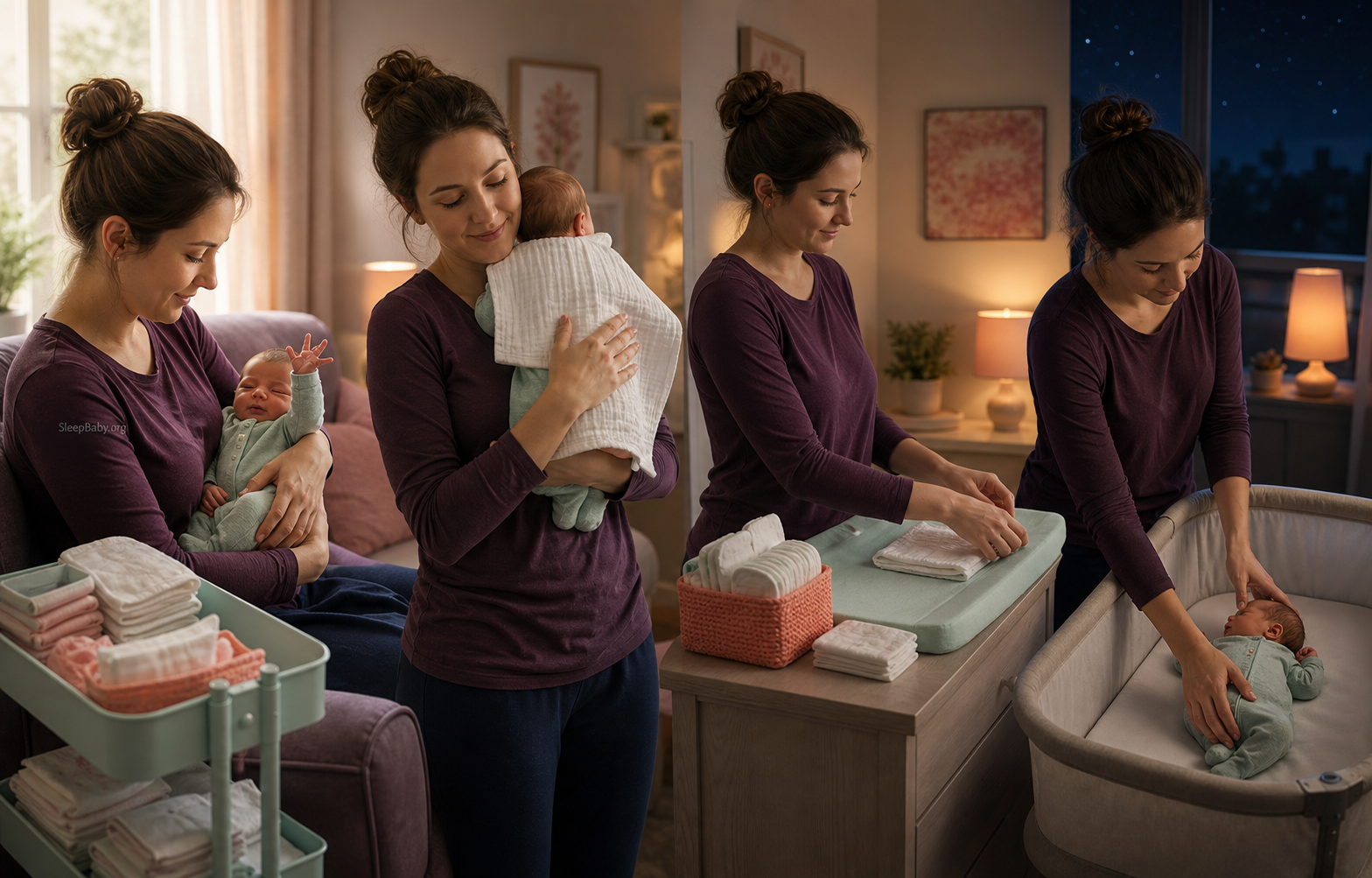 A caregiver moves through hunger-cue preparation, newborn care, and a safe back-down bassinet transfer from day into night