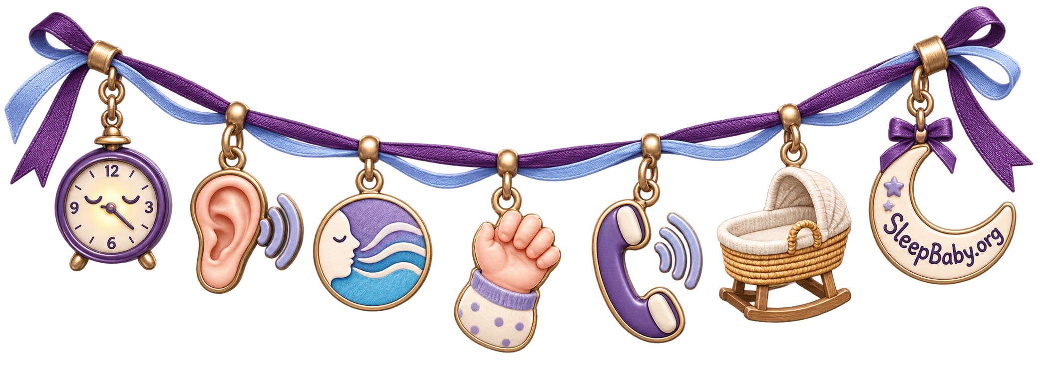 Plum observation ribbon with dim clock, listening ear, breathing waves, feeding cue, phone, and empty bassinet