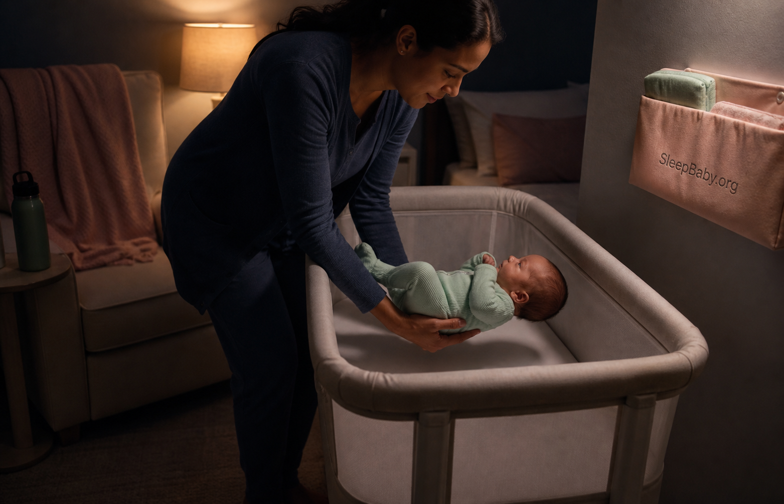 An awake caregiver lowers a dressed newborn onto the back in a firm flat empty bedside bassinet under a small amber lamp