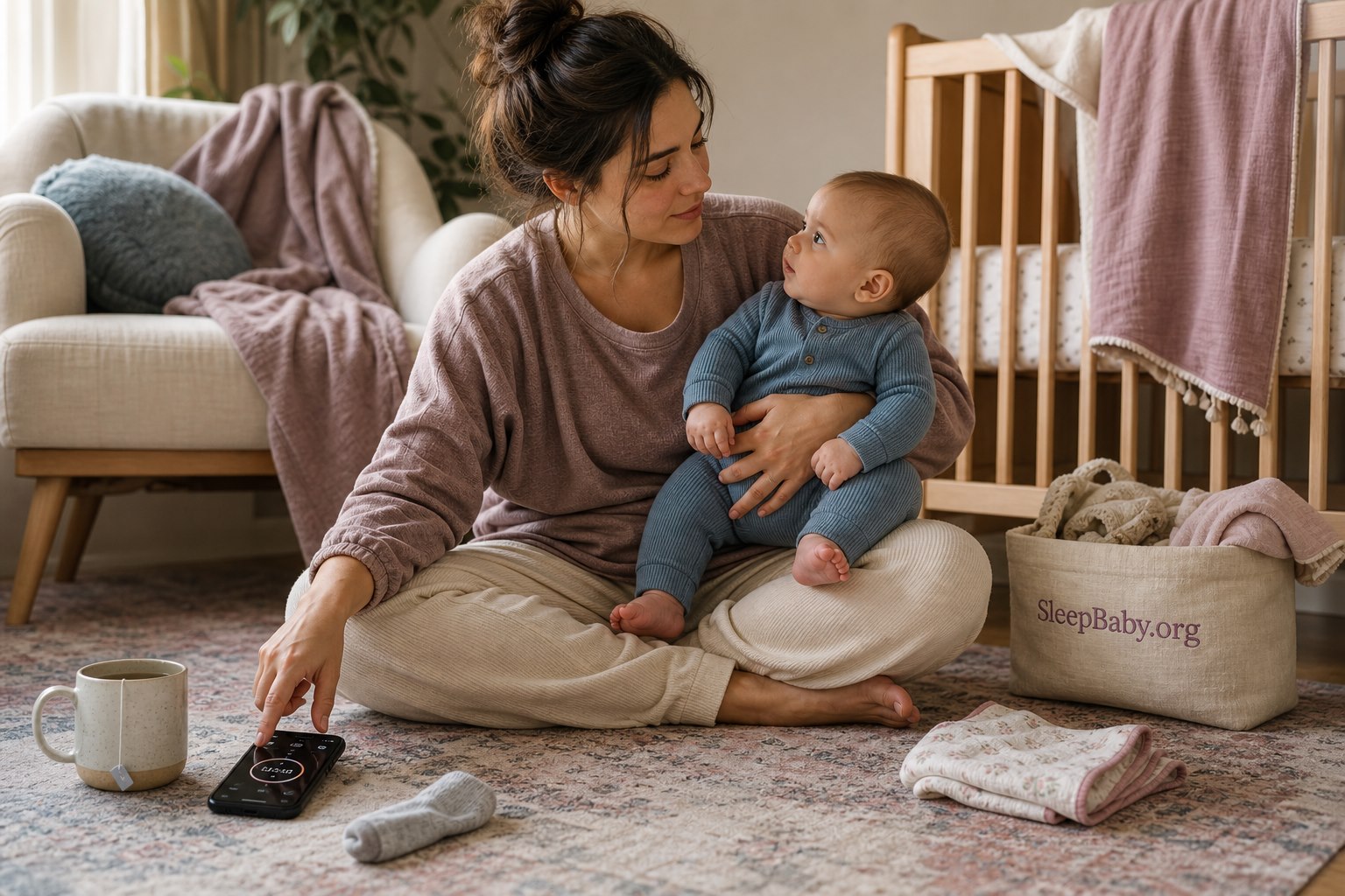 Parent on a nursery rug reaches toward a phone timer while holding an alert baby and looking into the baby's face; a basket reads SleepBaby.org.
