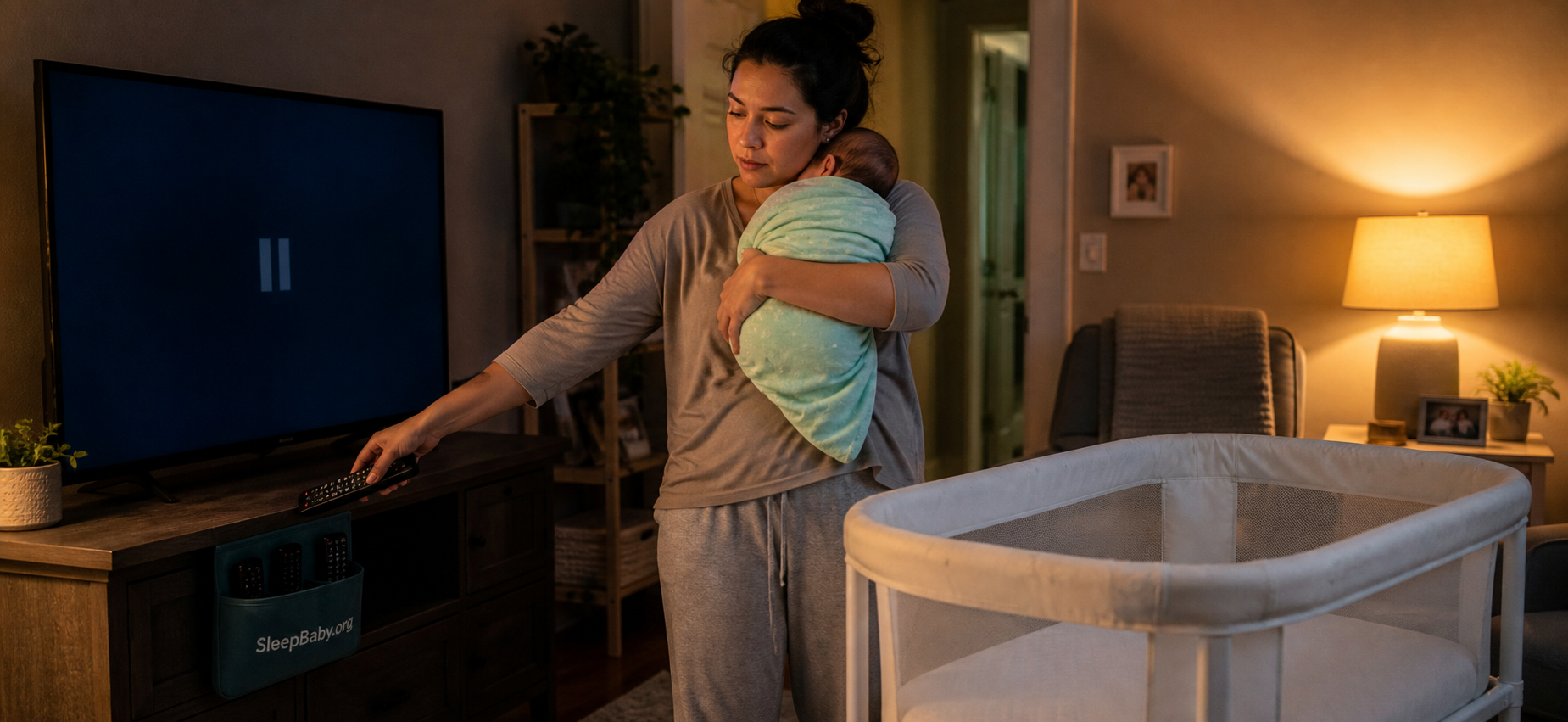An awake tired parent pauses the television before transferring baby toward a clear crib