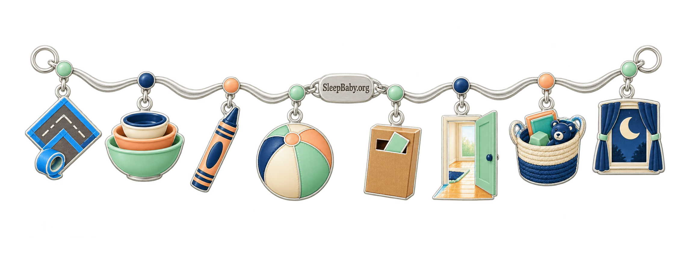 Choose-and-make ribbon with tape-road, nesting-bowl, jumbo-crayon, ball, posting-box, doorway, cleanup-basket, and moonlit-window charms.