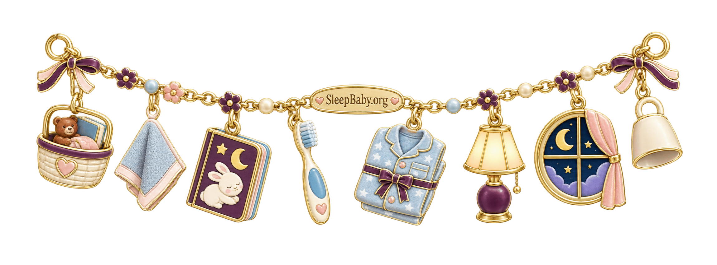 Closing ribbon with cleanup-basket, washcloth, board-book, toothbrush, pajamas, lamp, moonlit-window, and empty-cup charms.