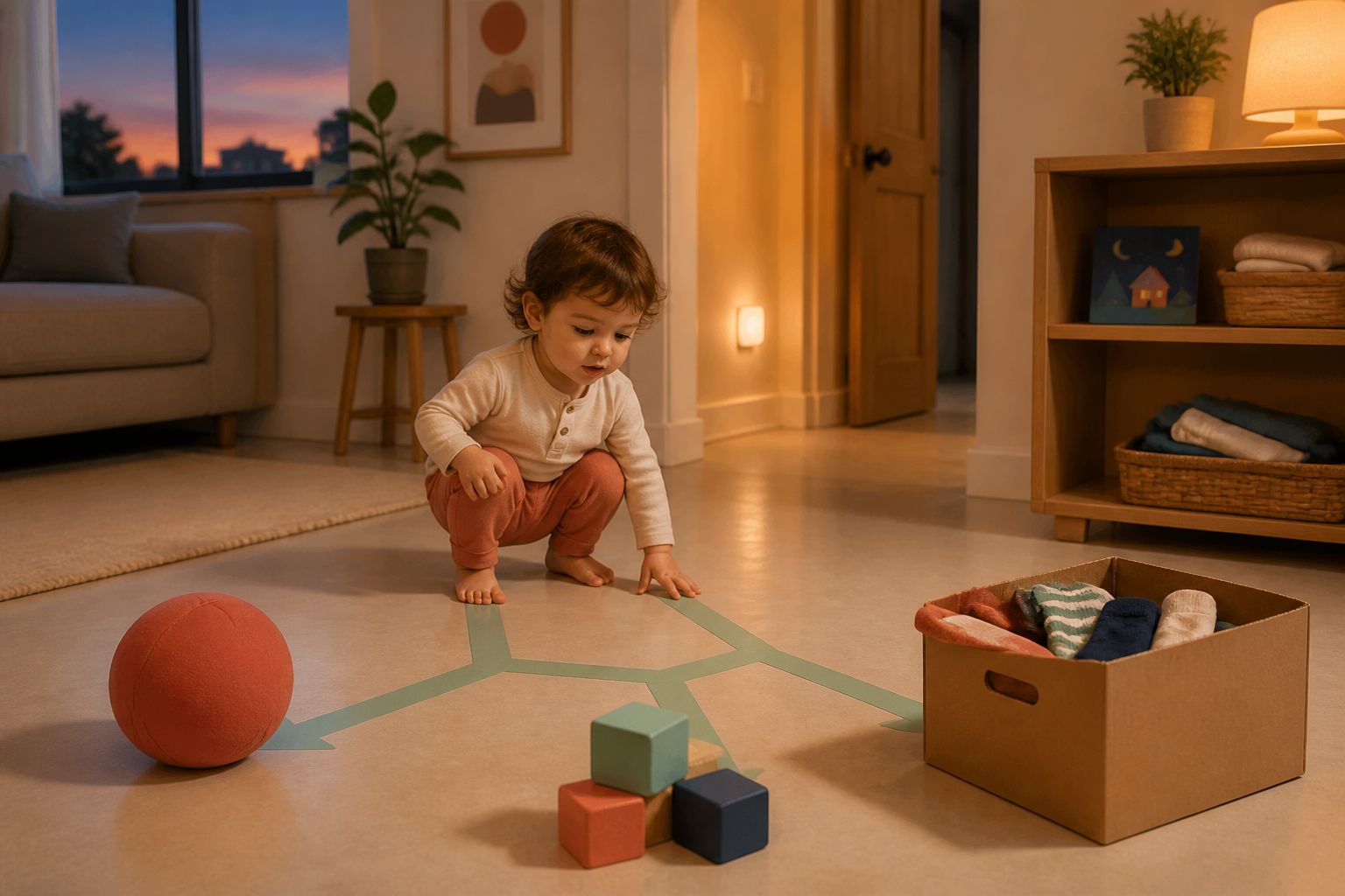 Awake toddler chooses a floor-tape path beside a soft ball, large blocks, and a box of full-size socks at dusk.