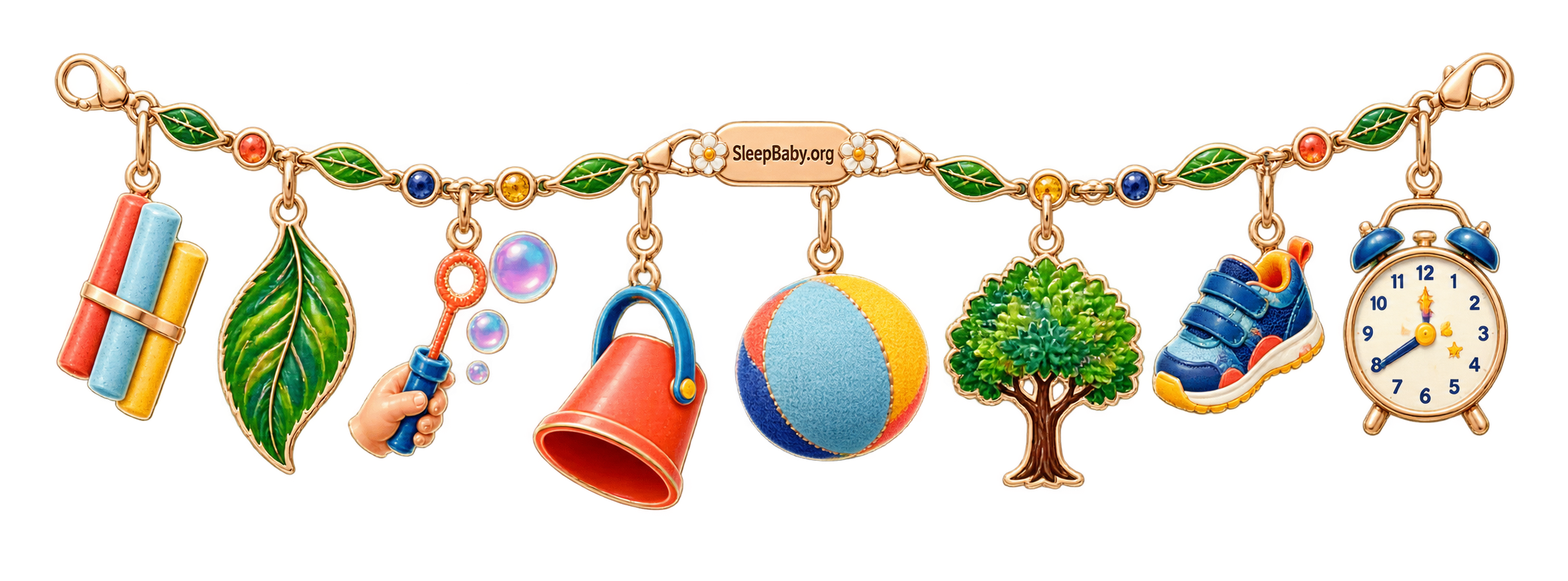 Outside-play ribbon with jumbo-chalk, leaf, adult-held-bubble-wand, empty-bucket, ball, tree, shoe, and bedtime-clock charms.