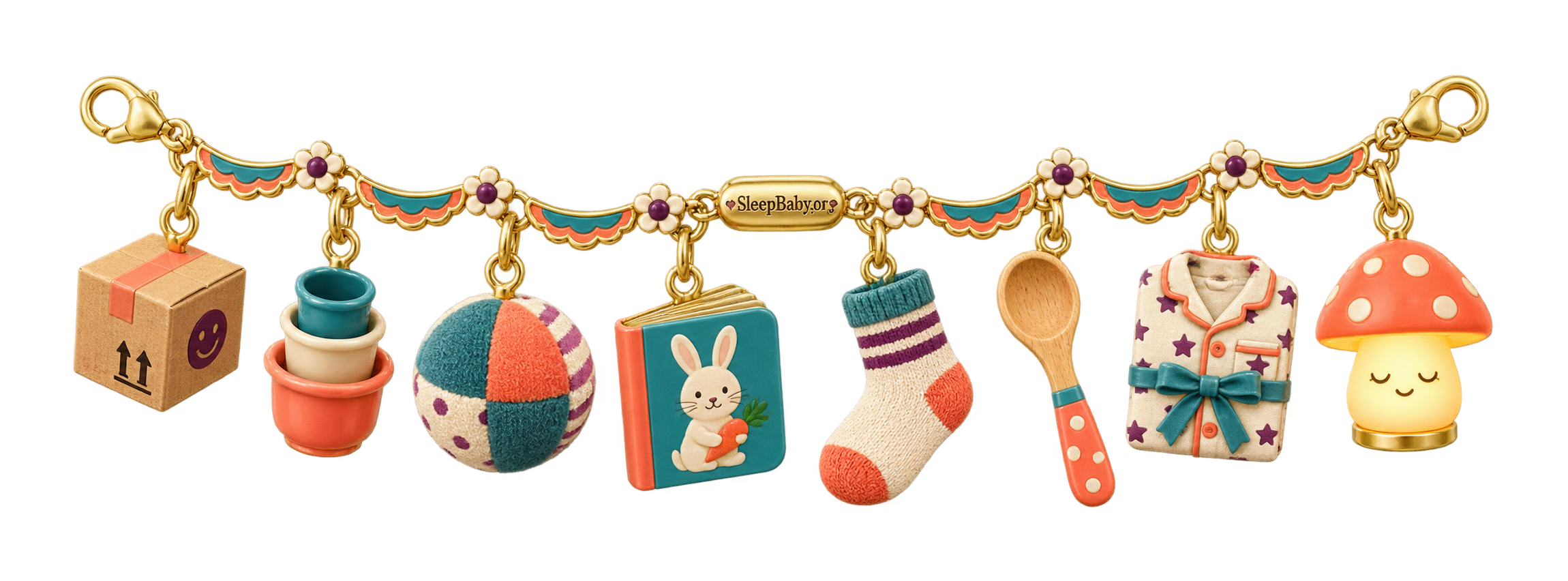 Recognition ribbon with posting-box, nesting-cup, soft-ball, book, sock, spoon, pajamas, and lamp charms.