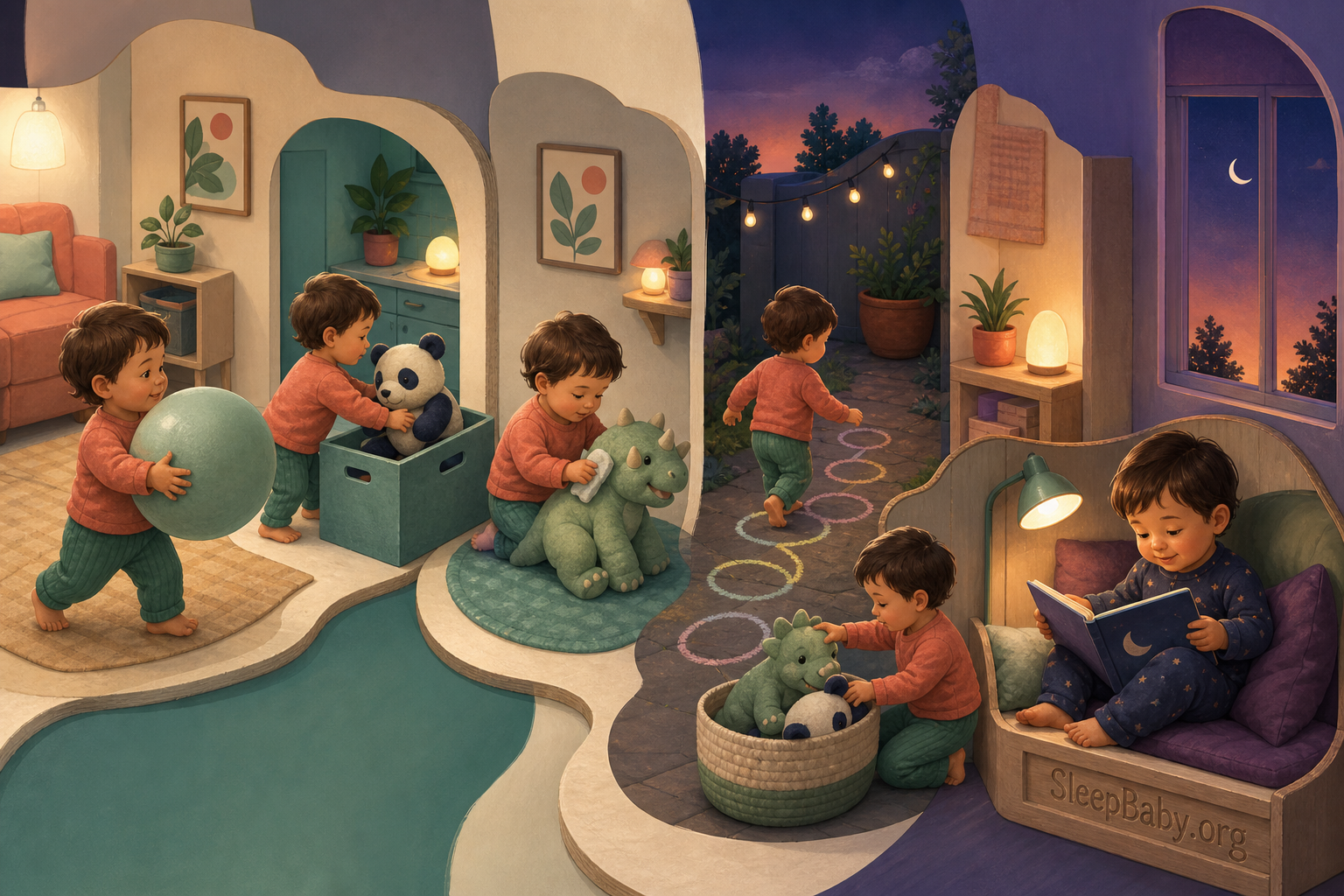 Illustrated toddler carries a ball, cares for large toys, follows a chalk path, cleans up, and reads at dusk.