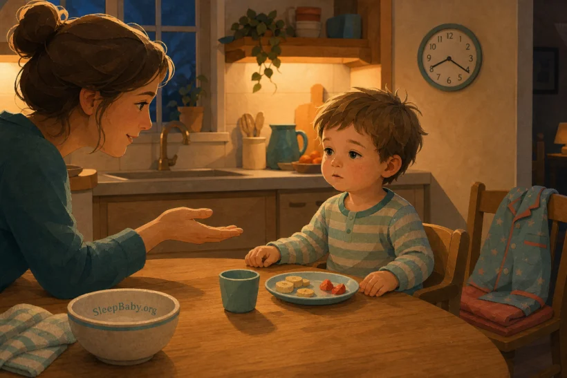 An alert toddler sits upright at a kitchen table with a small cup and a modest plate while a caregiver offers food without pressure.