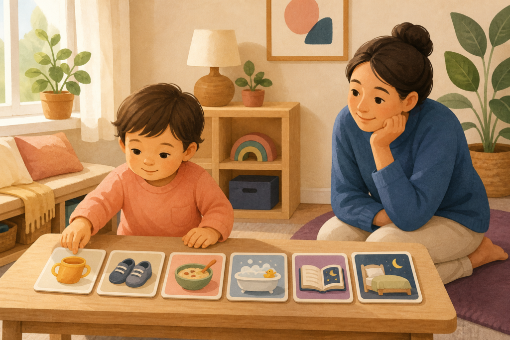 Toddler arranges six routine cards while a caregiver watches nearby in a warm family room.