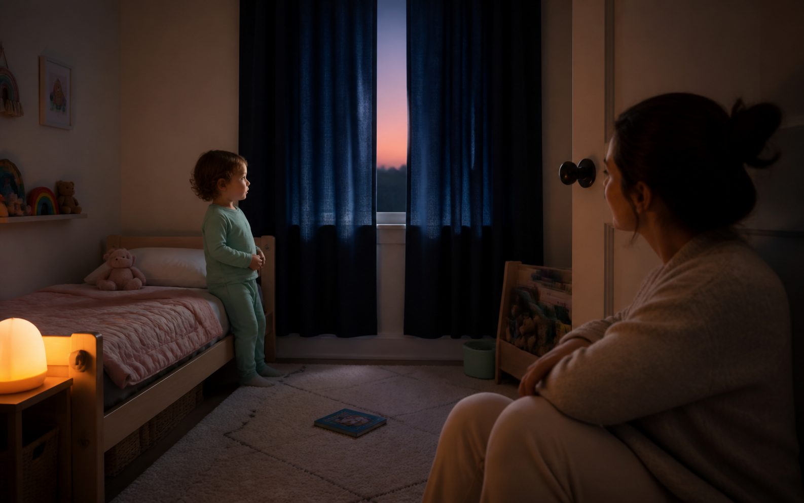 A pajama-clad toddler stands awake beside a low bed before sunrise while a calm parent waits in the doorway.