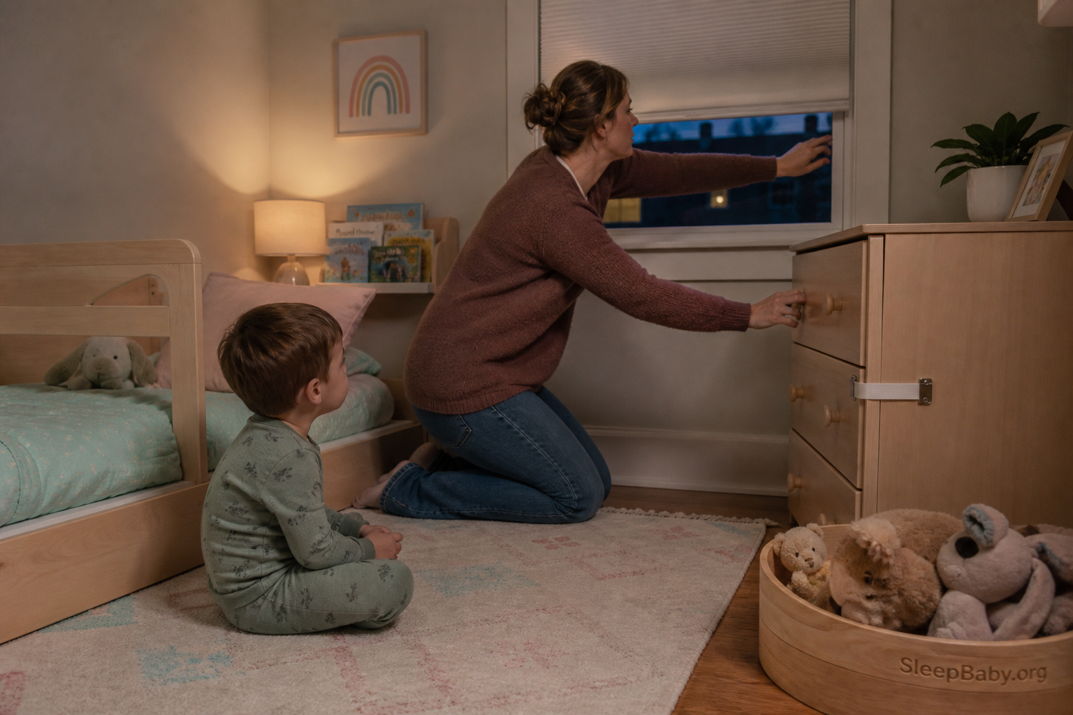Caregiver kneels at toddler height checking an anchored dresser, cordless window, clear rug, and low bed in a softly lit bedroom