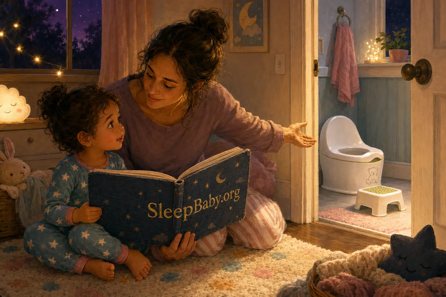 Parent and toddler read a bedtime book beside an open bathroom doorway with a child potty and stable footstool
