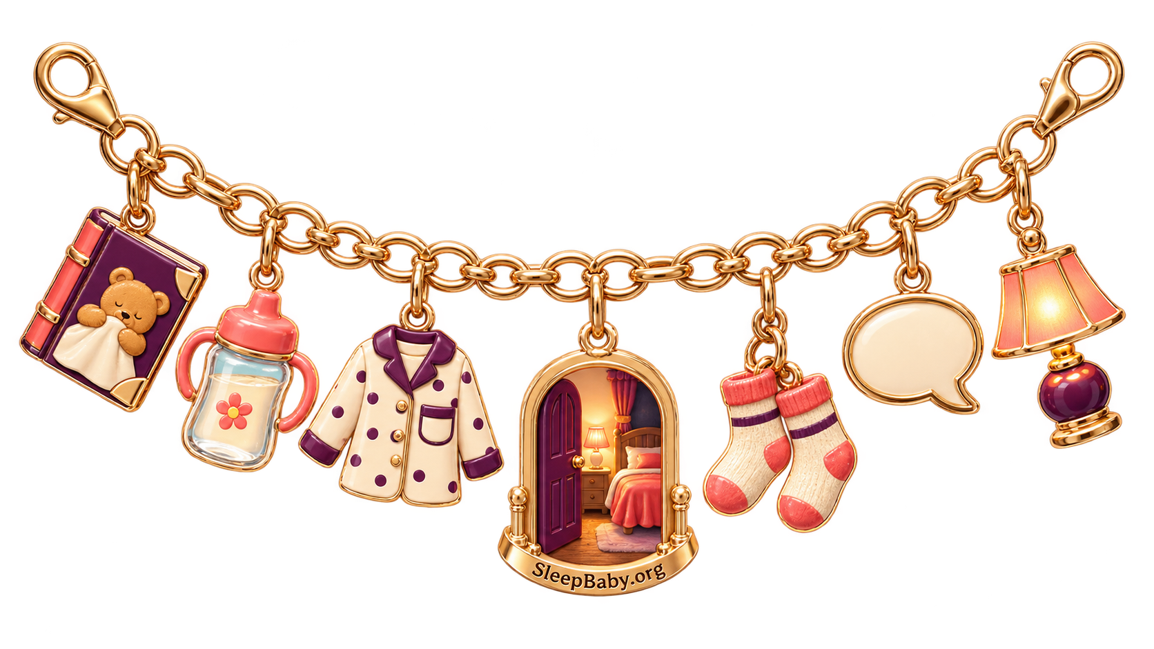 A gold toddler-bedtime charm strand with a storybook, water cup, pajamas, doorway, socks, speech bubble and glowing lamp.