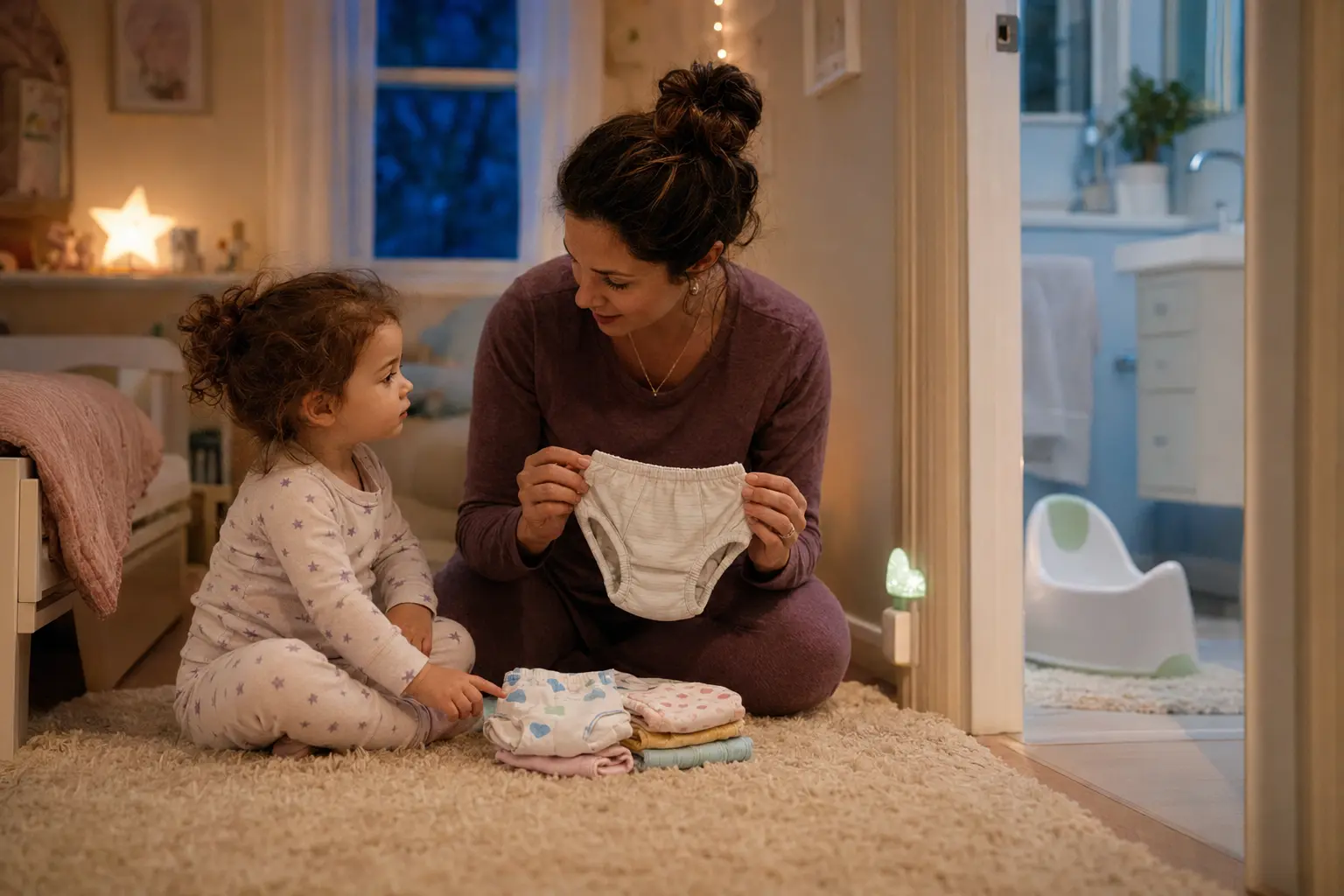 Parent and pajama-clad toddler compare training underwear and overnight protection beside a child-size potty at bedtime