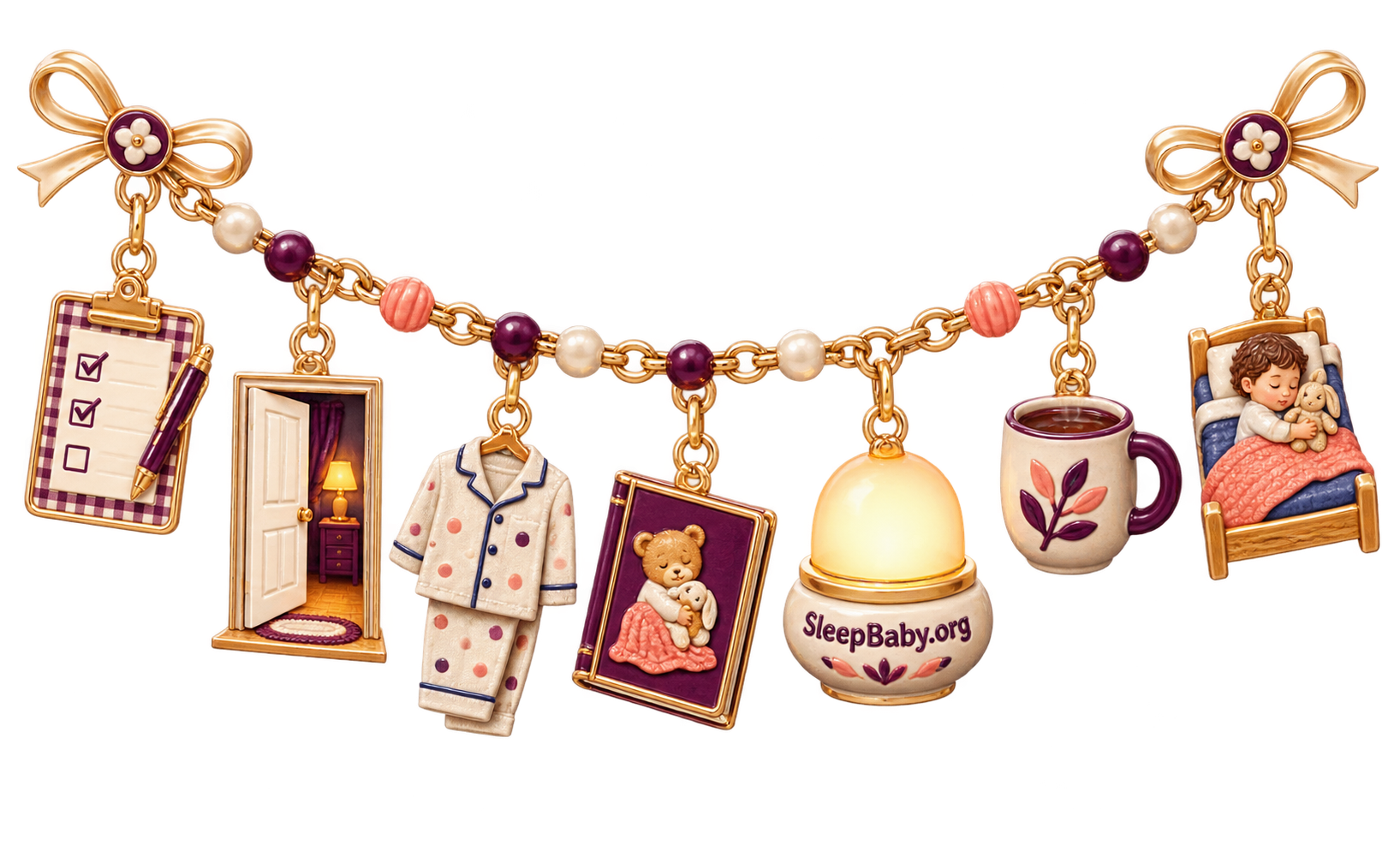 A warm-gold relief strand with a checked card, open doorway, pajamas, bedtime book, nightlight, caregiver mug and resting toddler.